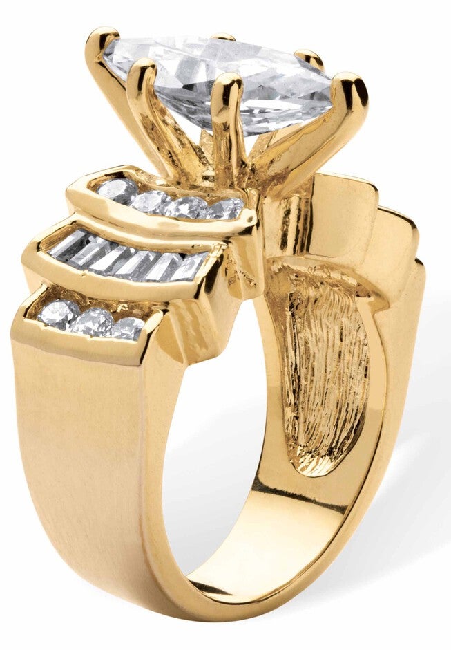 Gold-Plated Marquise Cut Step Top Engagement Ring Cubic Zirconia, , on-hover image number null