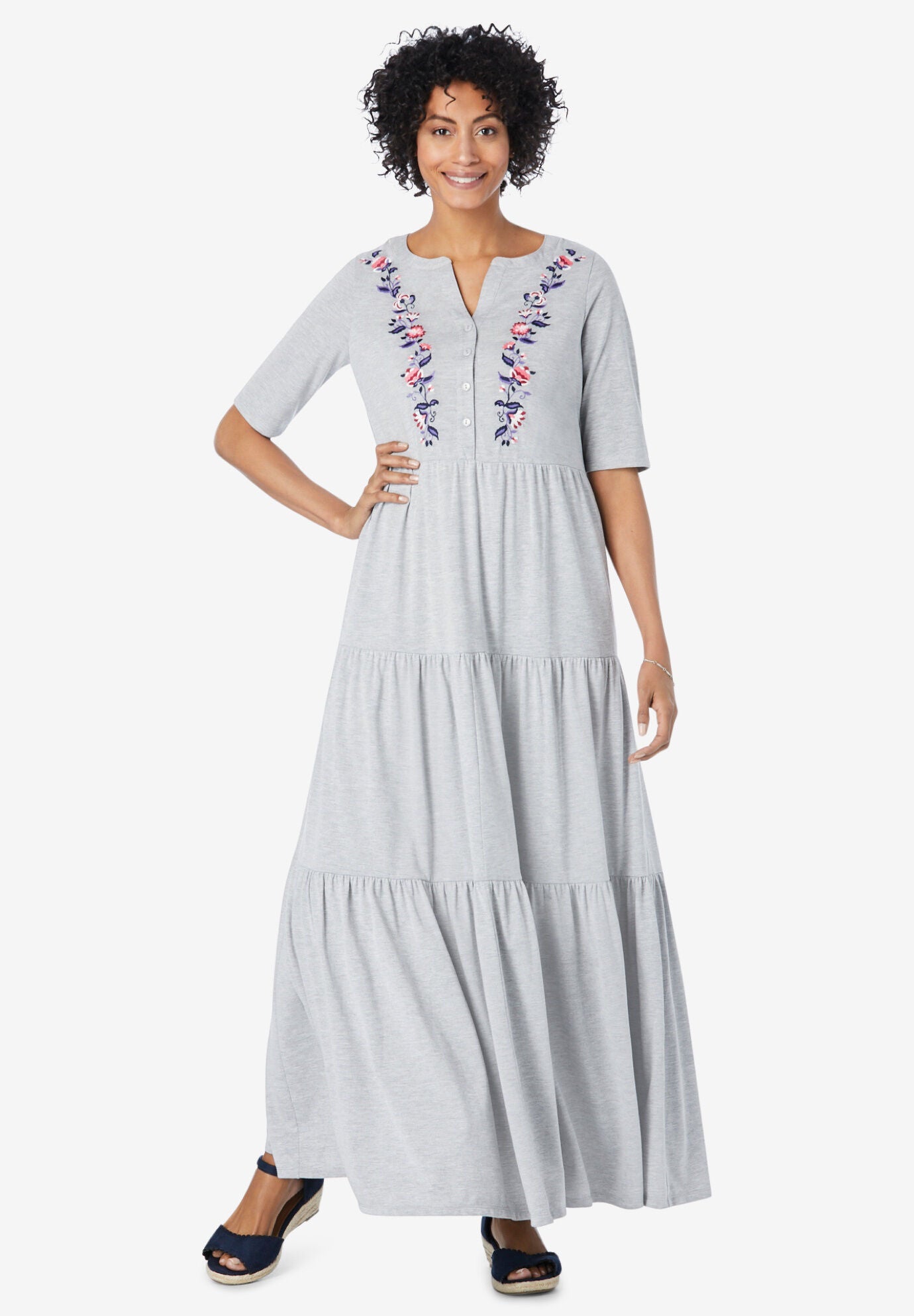 Elbow-Sleeve Tiered Henley Dress, HEATHER GREY EMBROIDERY, hi-res image number 0