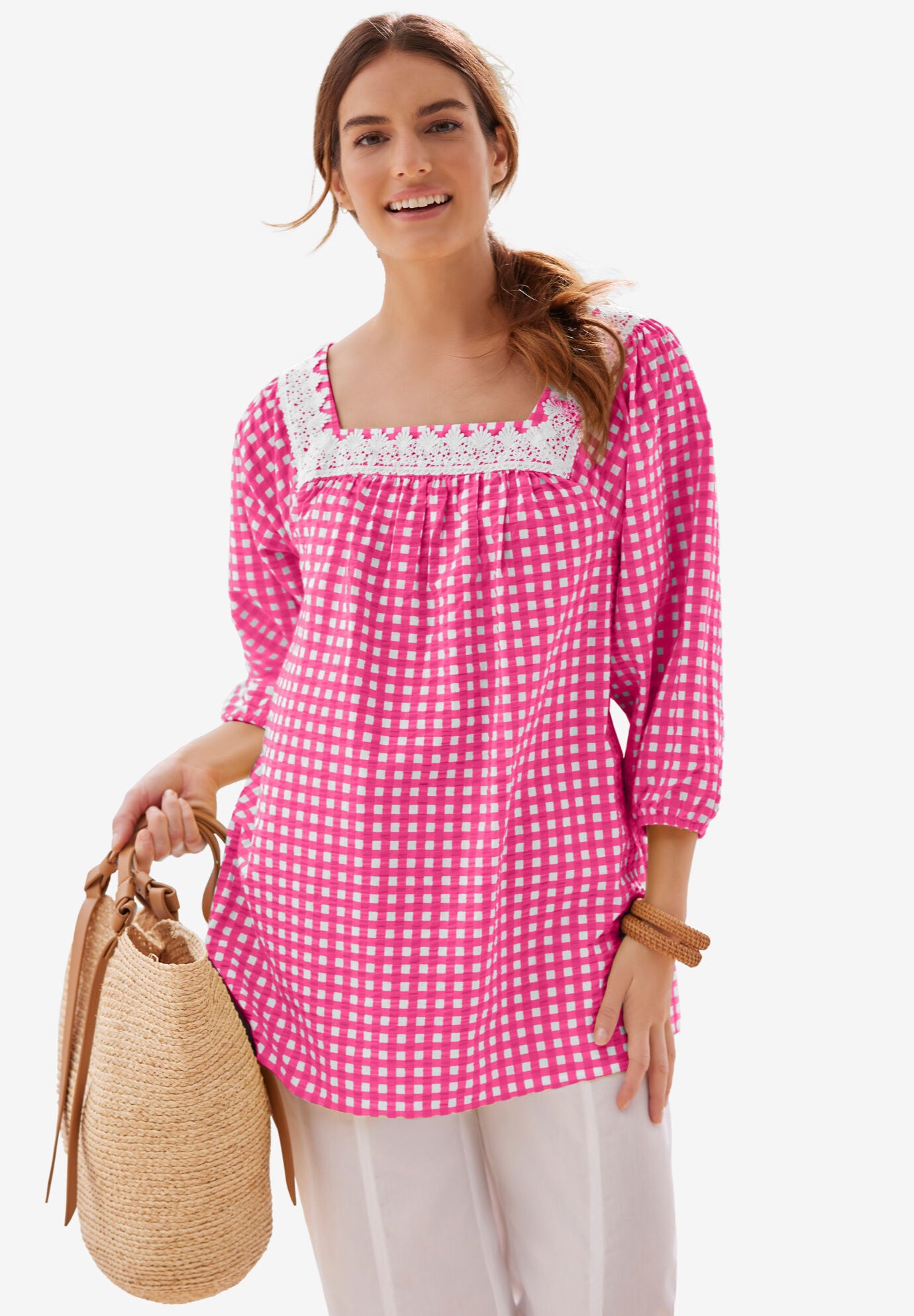 Seersucker Three-Quarter Sleeve Tunic, RASPBERRY SORBET SMALL GINGHAM, hi-res image number 0