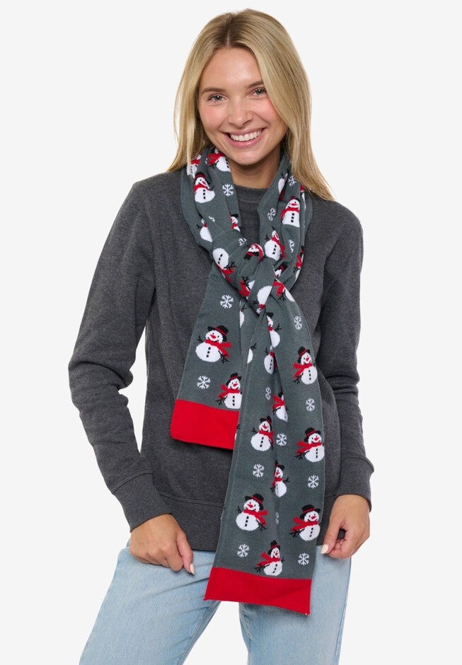 Womens Christmas Snowman Scarf 70 inches Fair Isle Knit Double Sided Print, RED, alternate image number null