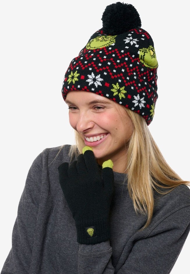 Women's Dr Seuss Grinch Knit Beanie Hat & Touch Screen Gloves Christmas, BLACK, hi-res image number null