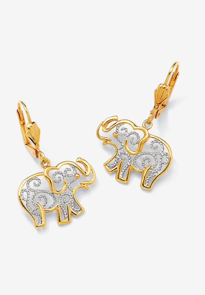 Yellow Gold-Plated Filigree Elephant Drop Earrings, YELLOW GOLD, hi-res image number 0