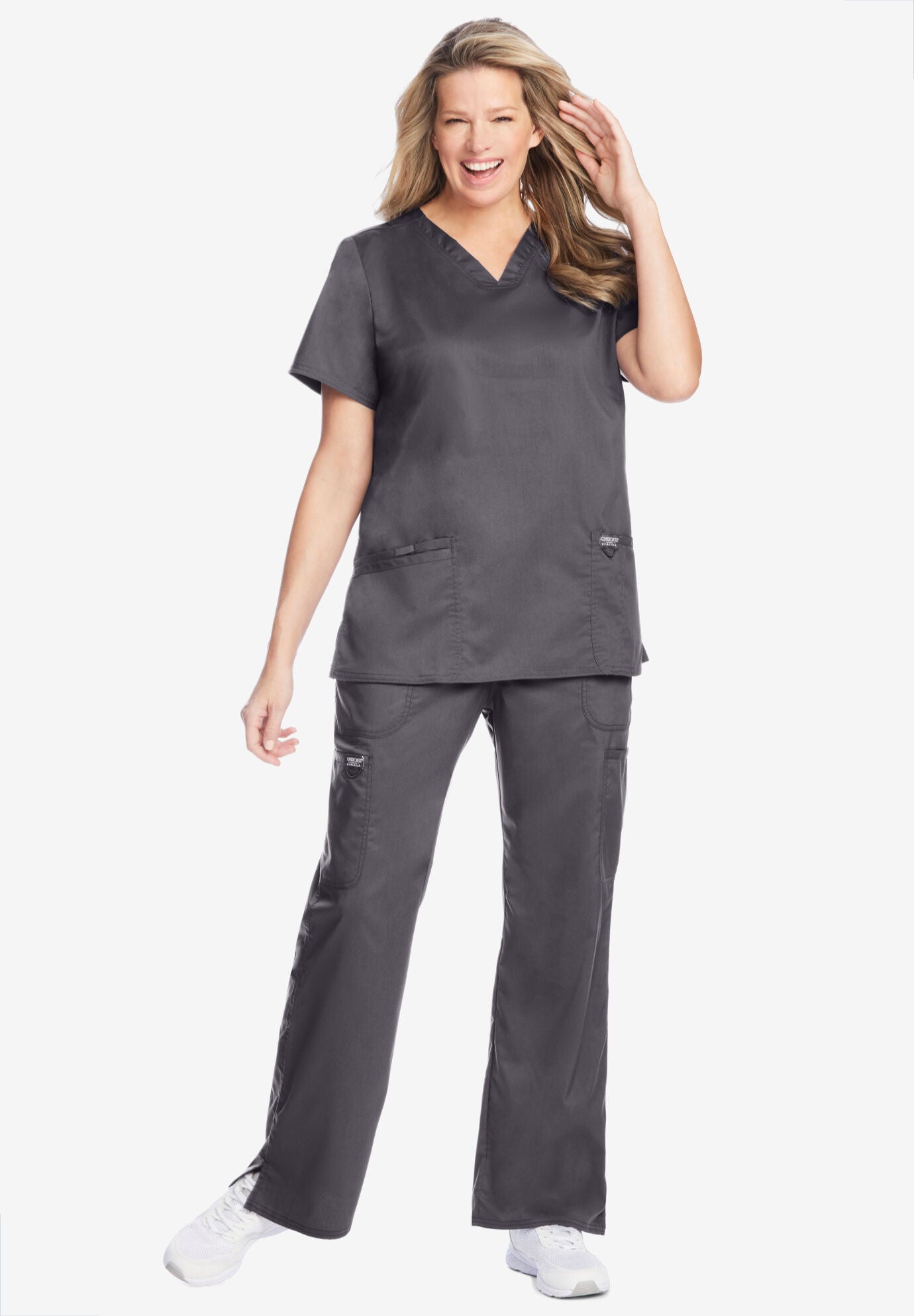 Modern Classic V-Neck Mock Wrap Scrub Top, PEWTER, hi-res image number 0