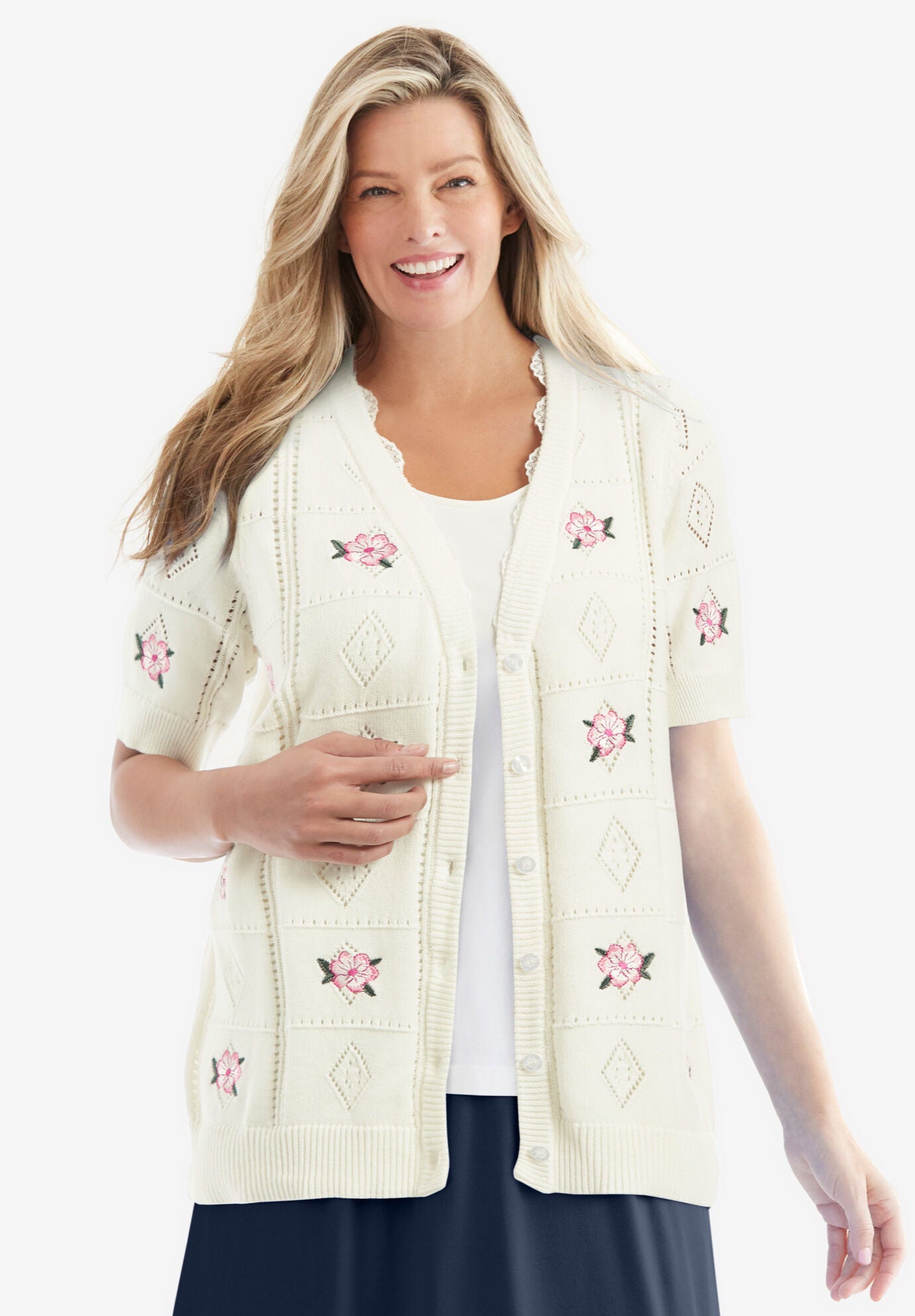 Pointelle Elbow-Length Cardigan, IVORY EMBROIDERY, hi-res image number 0