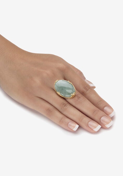 Yellow Gold Plated Genuine Green Jade Oval Cabochon Ring, , alternate image number null