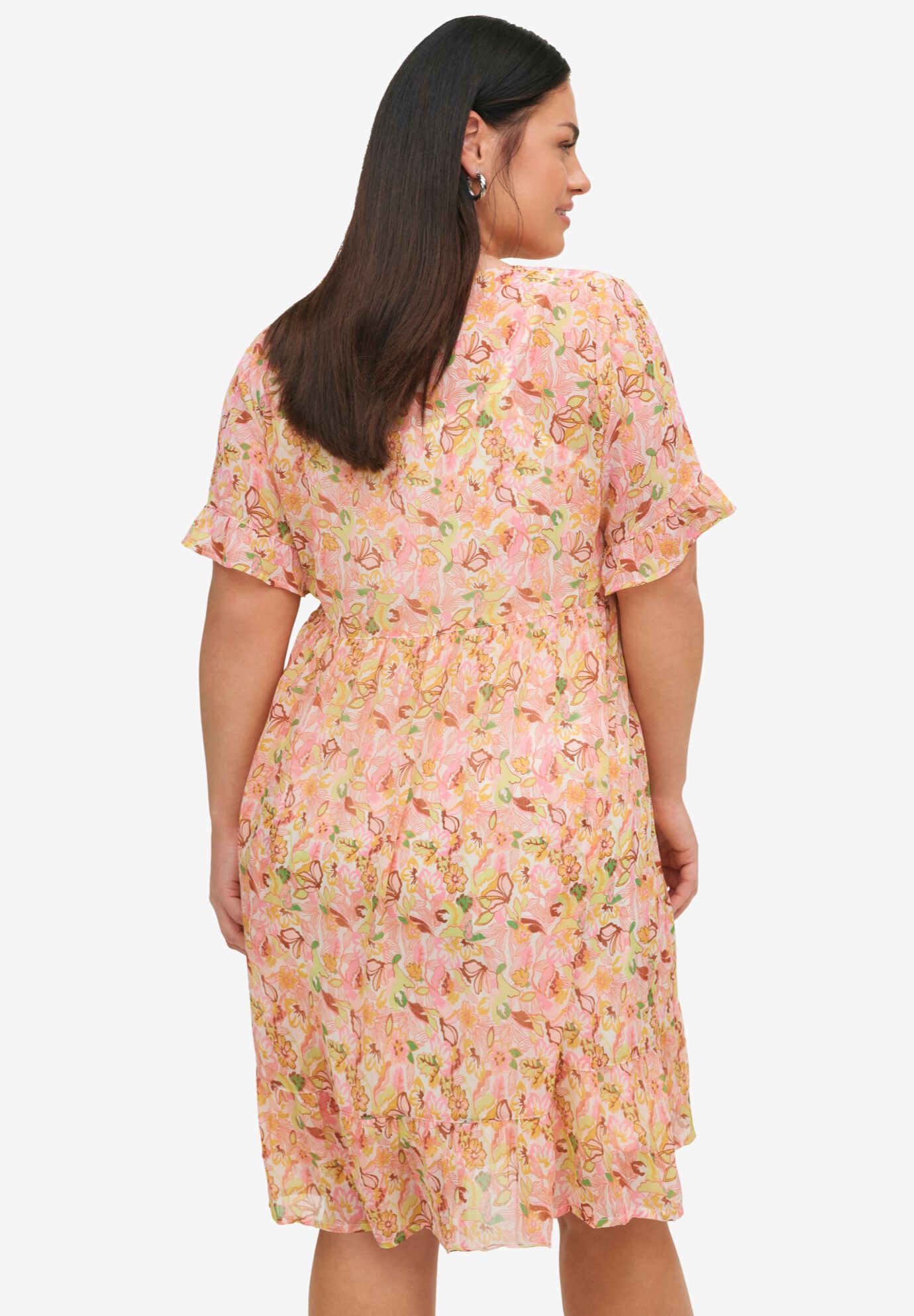 Sheer Ruffle Trim Dress With Keyhole Neckline, LIGHT STRAWBERRY TROPICAL, on-hover image number 1