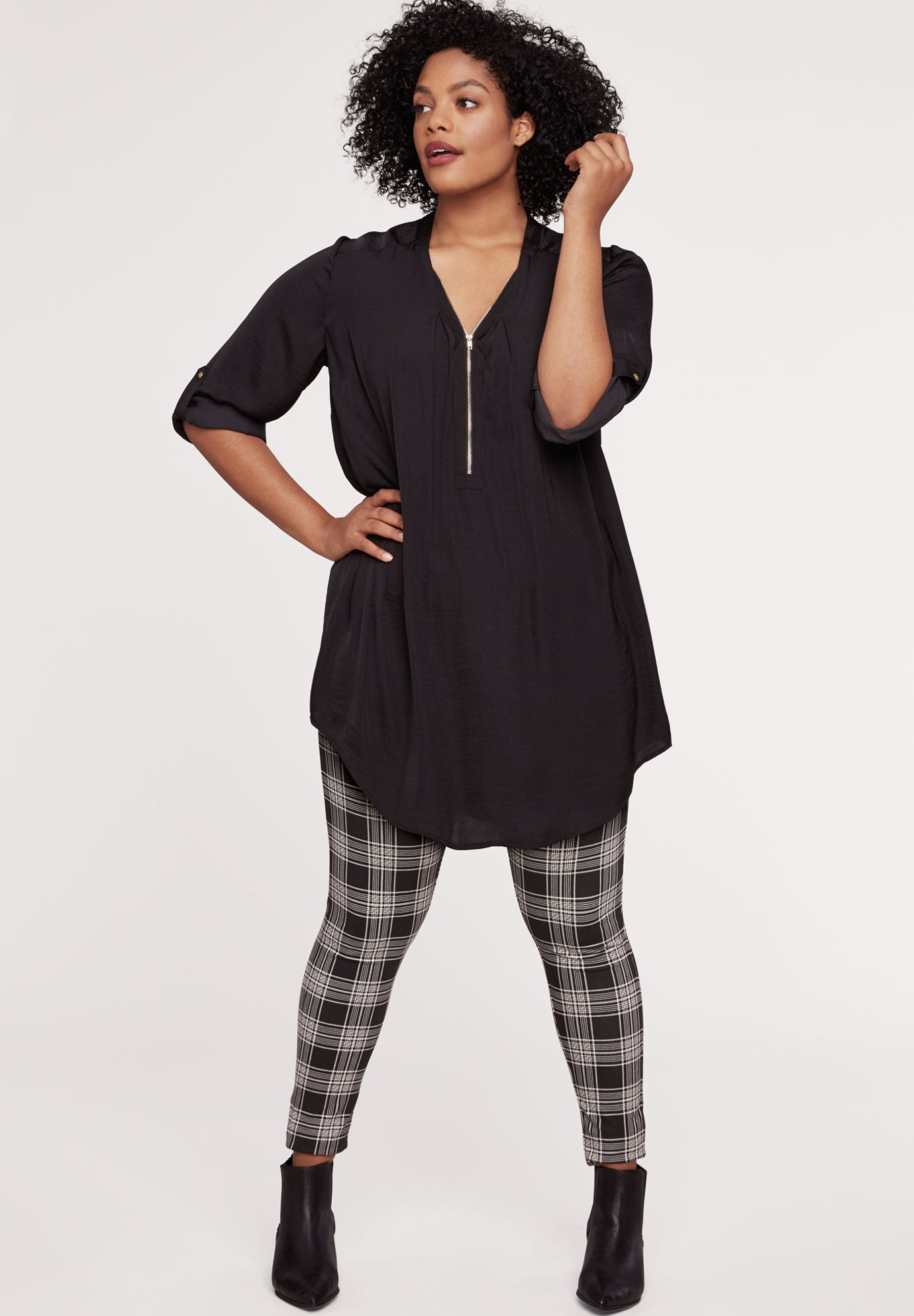 Zip-Front Sateen Tunic, BLACK, hi-res image number 0