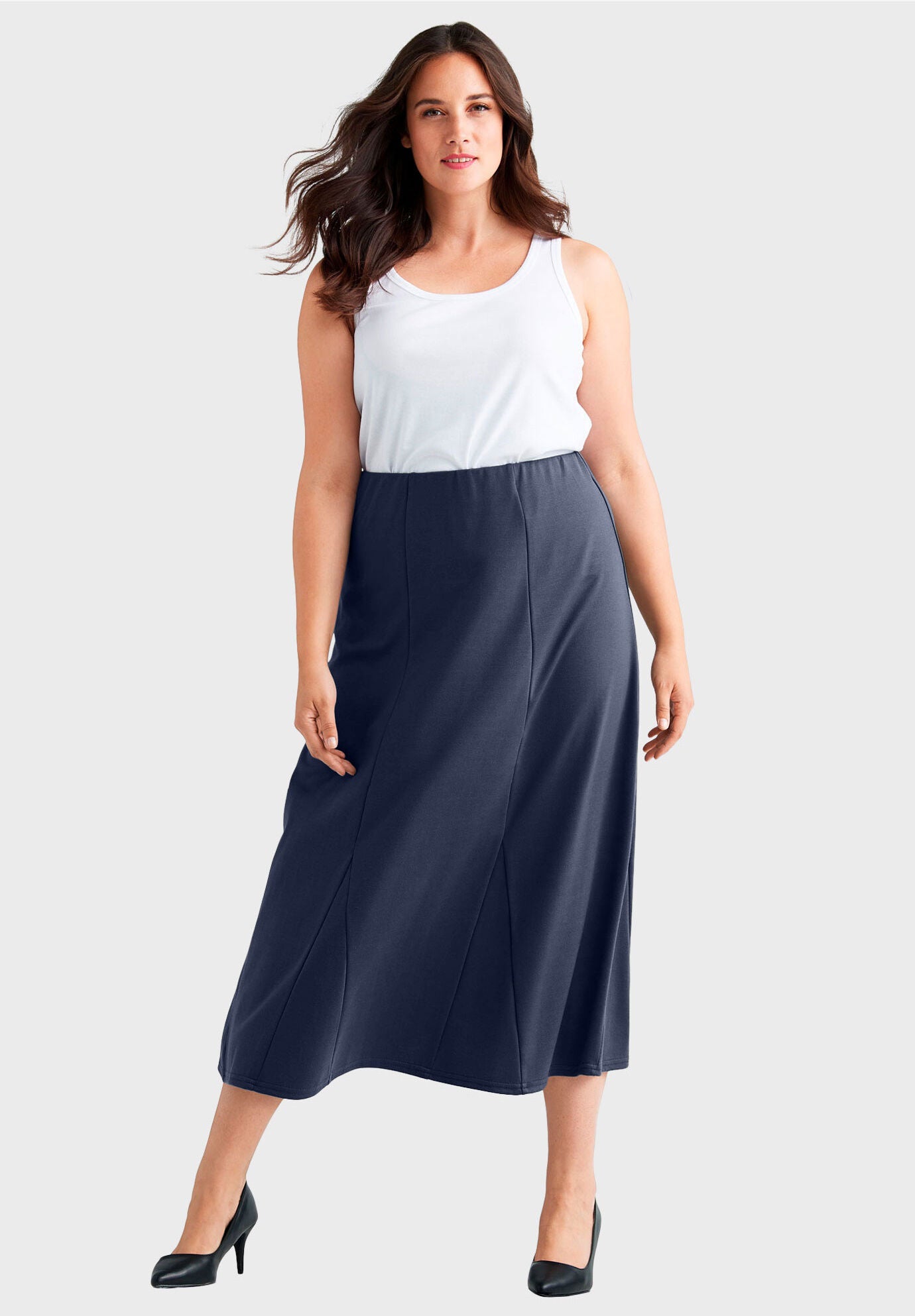 Flared Elastic Waist Skirt, NAVY, hi-res image number 0