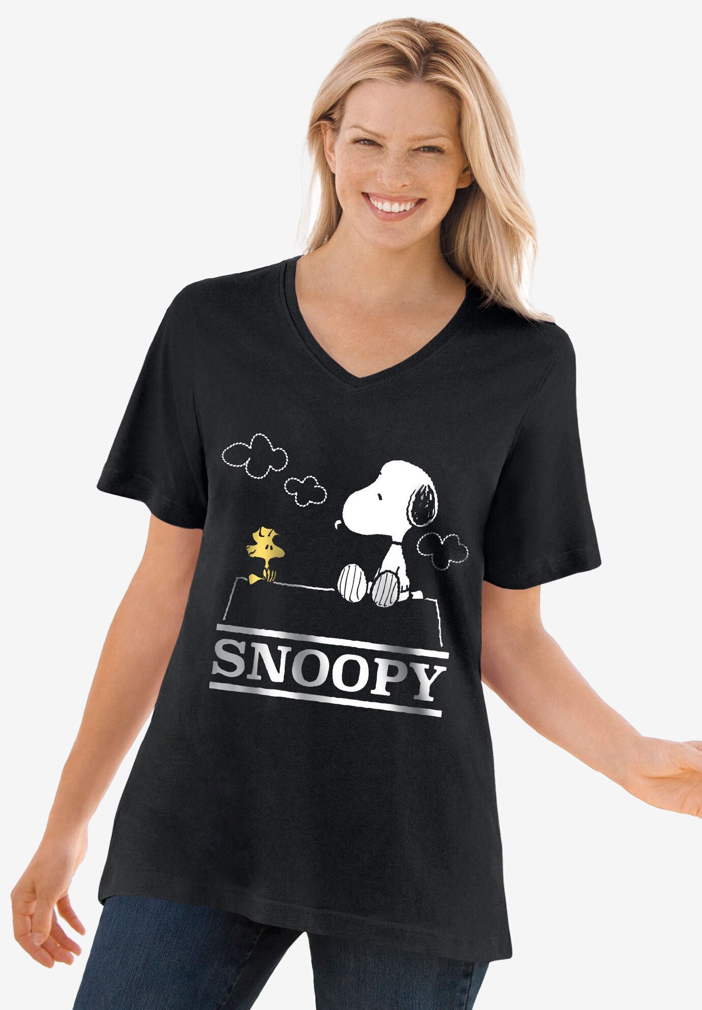 Peanuts Women's Short Sleeve V-Neck Tee Snoopy And Woodstock on House, BLACK SNOOPY, hi-res image number 0