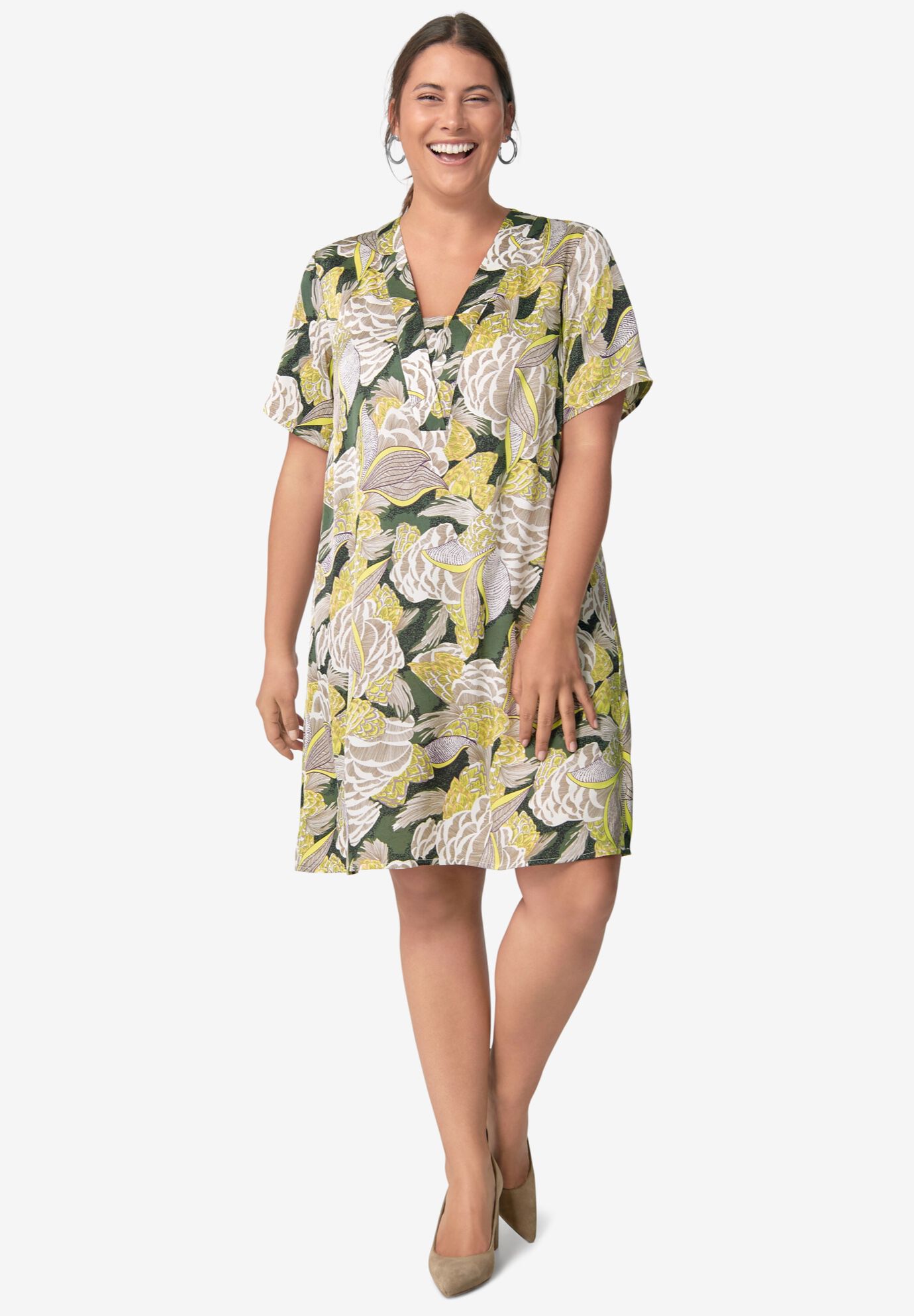 Linen Blend V-Neck Shift Dress, OLIVE YELLOW FLORAL, hi-res image number 0