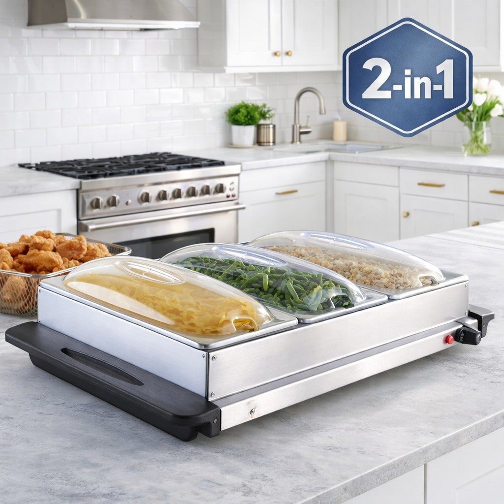 2-in-1 Triple Buffet Server & Warming Tray  image number 0