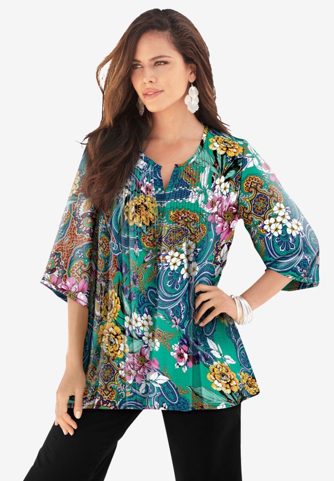 Plus Size Tara Pleated Shirt &ndash; Adjustable 3/4 Sleeve Swing Tunic with Notch Collar image number 1