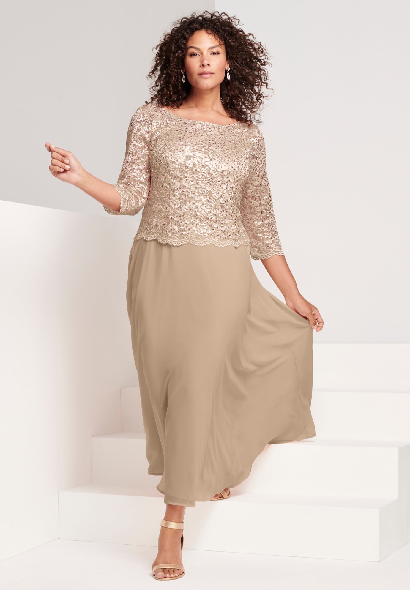 Plus Size Sequin Lace Three Quarter Sleeve A-Line Gown image number 1