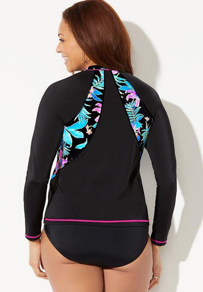 Chlorine Resistant Zip Front Long Sleeve Swim Shirt Rash Guard image number 1