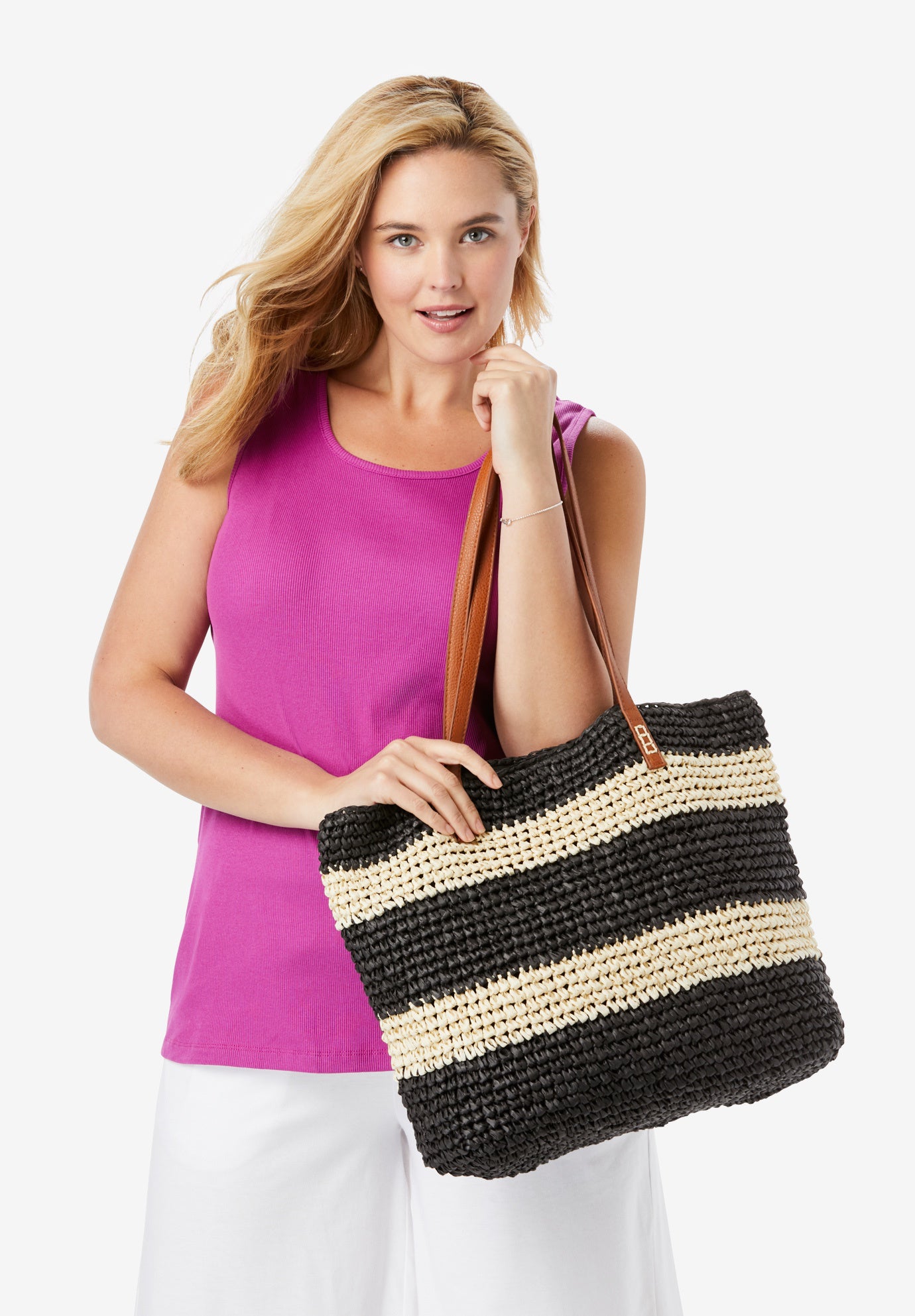 Color Block Straw Tote image number 2