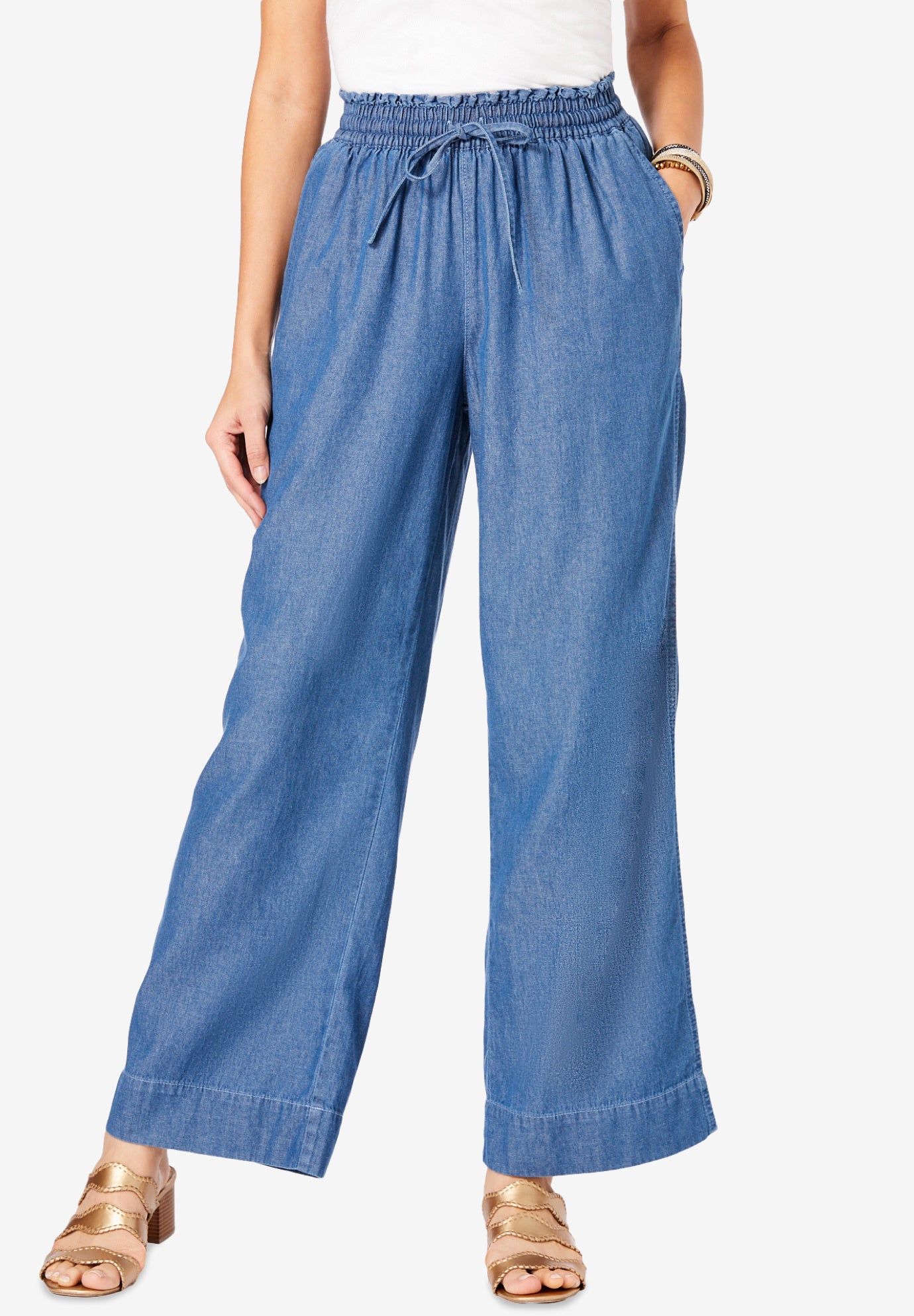 Plus Size Pull On Wide Leg Chambray Pant image number 0