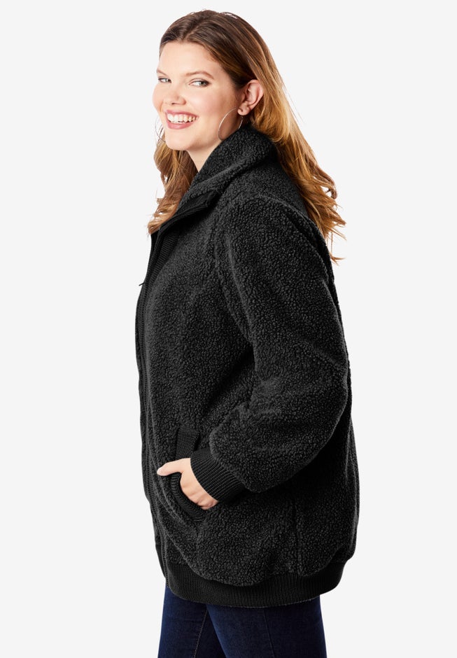Plus Size High Collar Teddy Fleece Bomber image number 4