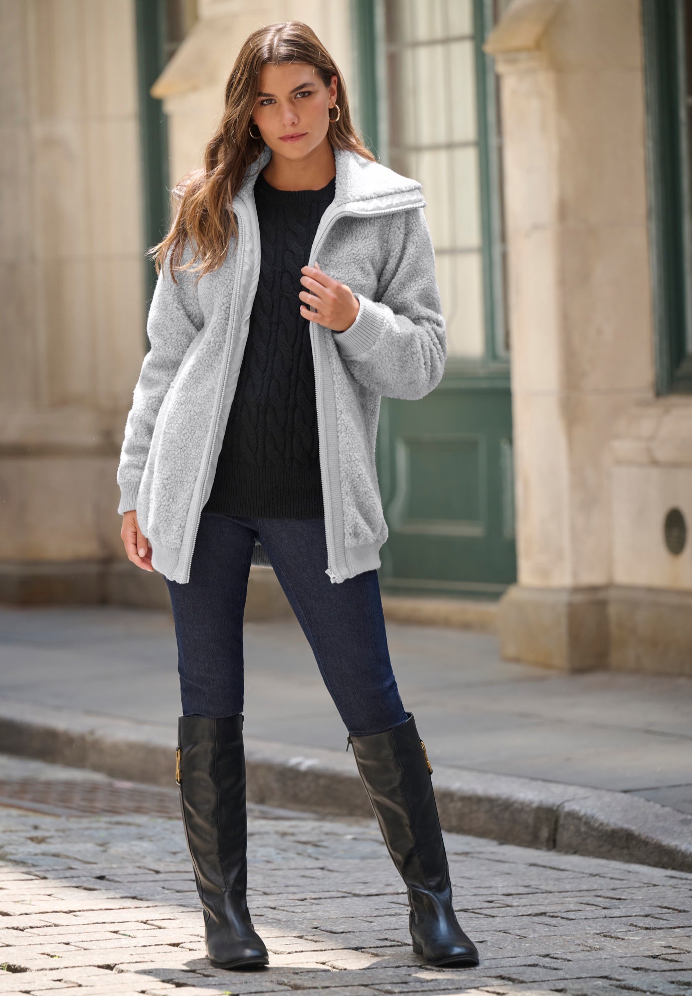 Plus Size High Collar Teddy Fleece Bomber image number 2