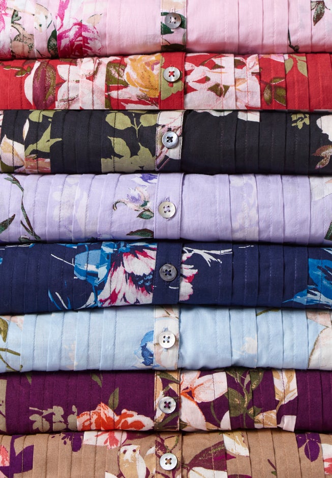 Plus Size Floral Y-Neck Pintuck Tunic &ndash; Adjustable Long Sleeve Button-Front, Relaxed Shirt Style image number 5