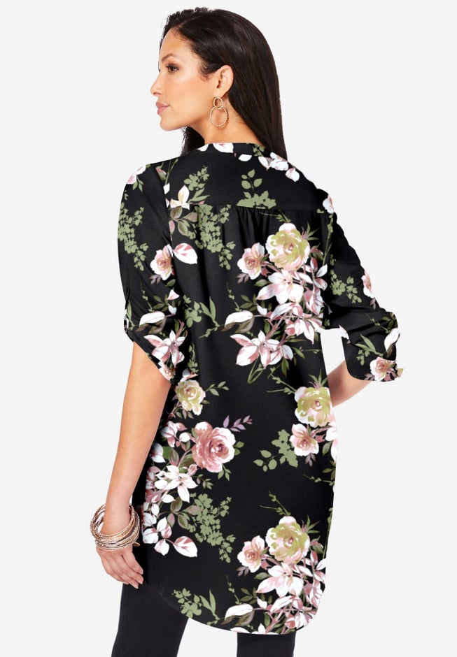 Plus Size Floral Y-Neck Pintuck Tunic &ndash; Adjustable Long Sleeve Button-Front, Relaxed Shirt Style image number 2