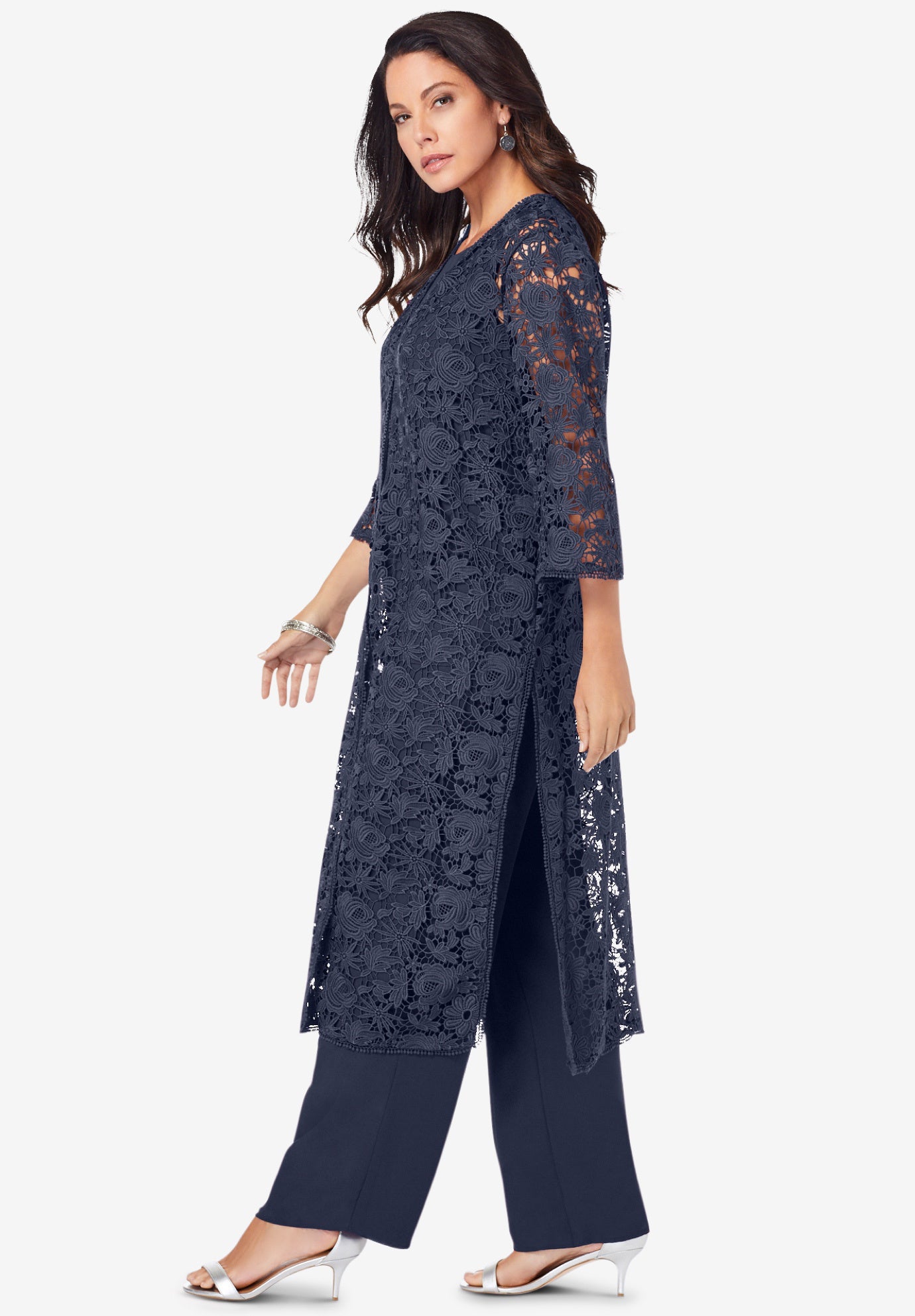 Plus Size 3-Piece Allover Lace Duster Pant Set &ndash; Formal Wear image number 2