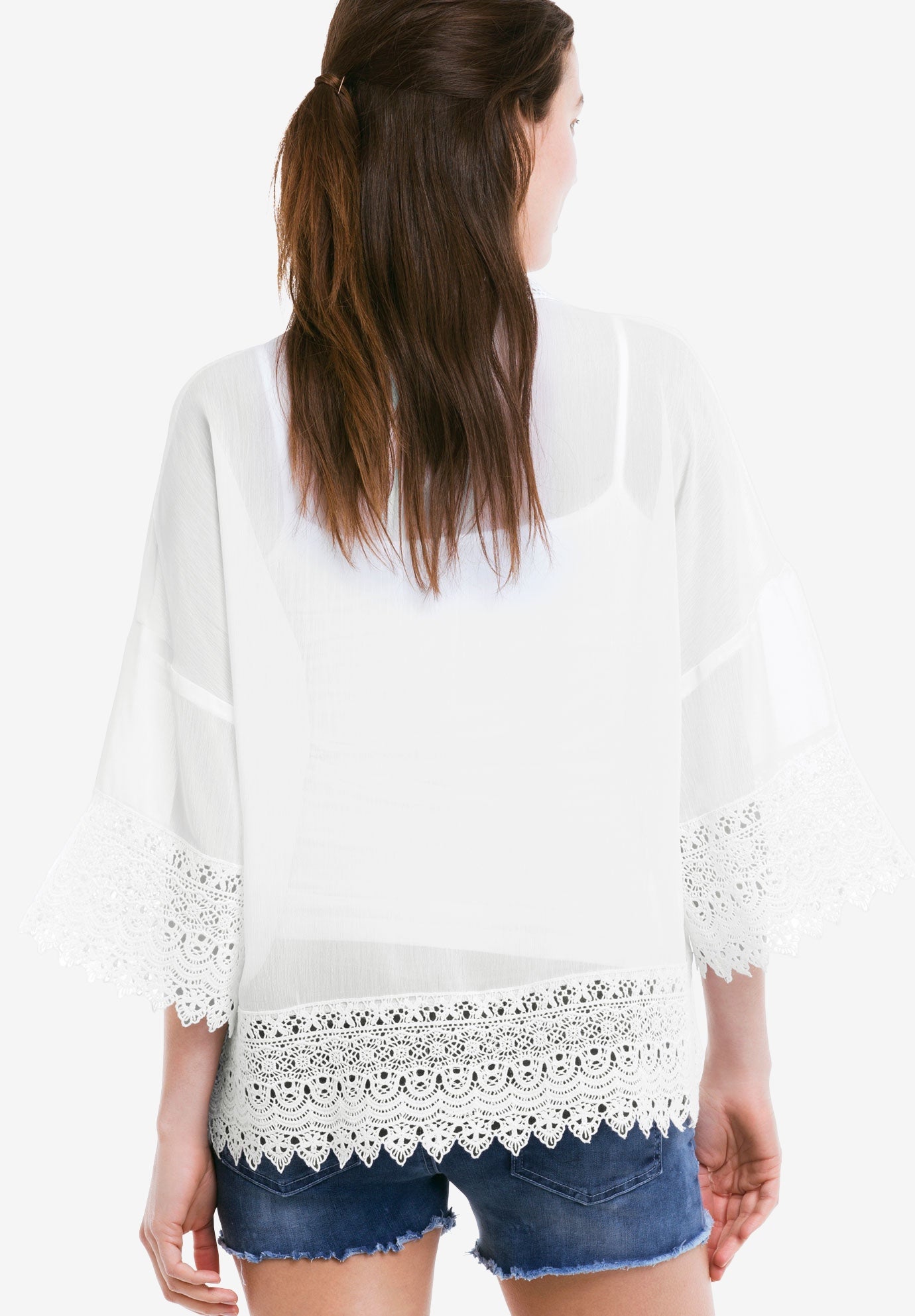 Sheer Lace Trim Kimono Cardigan image number 1