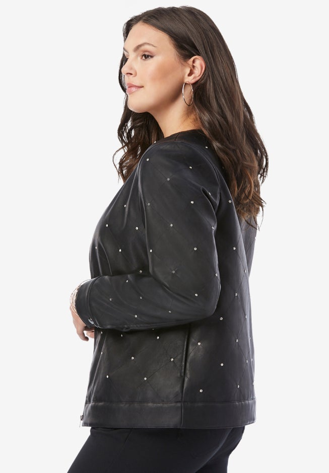 Plus Size Studded Faux Leather Bomber image number 2
