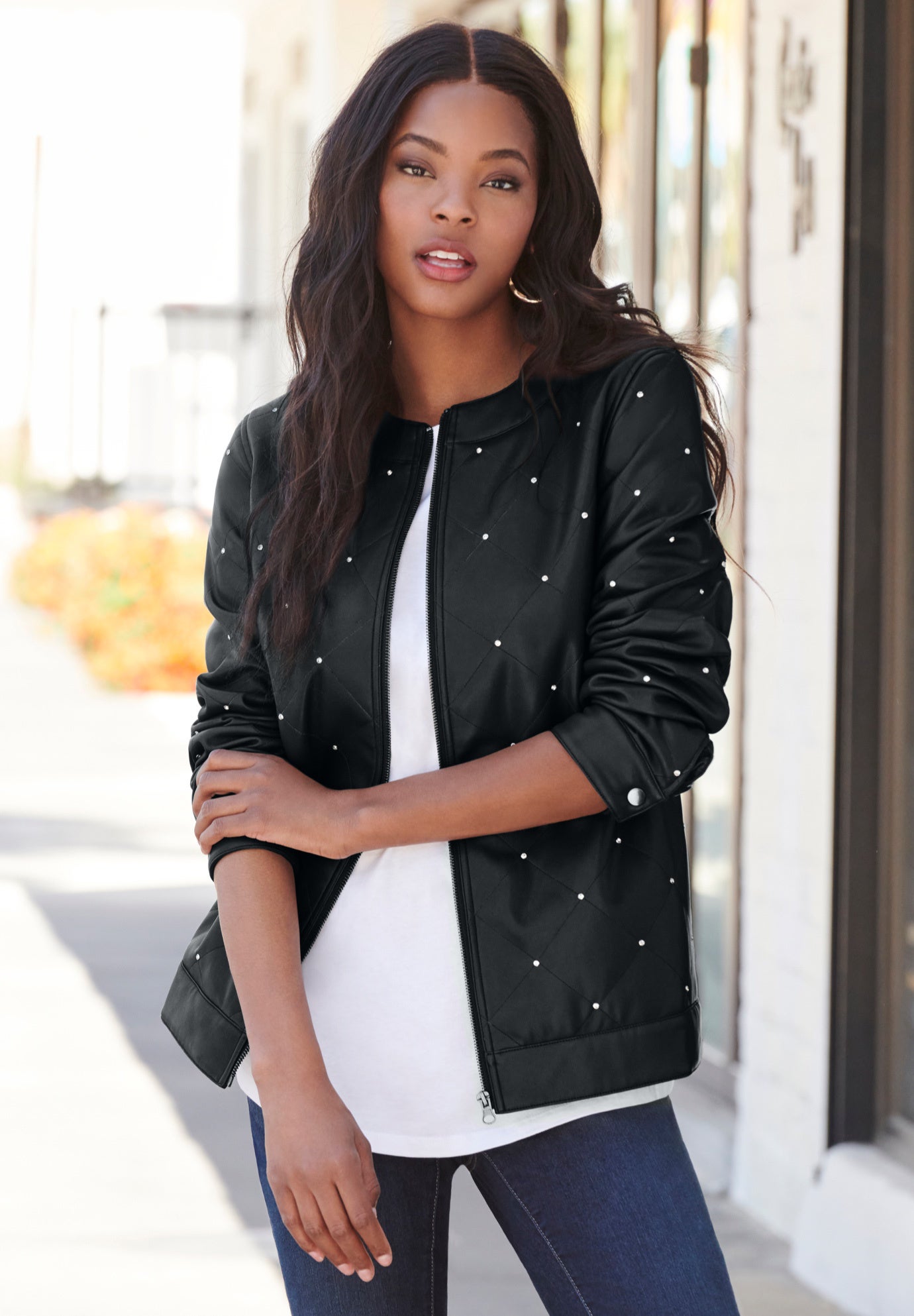 Plus Size Studded Faux Leather Bomber image number 4