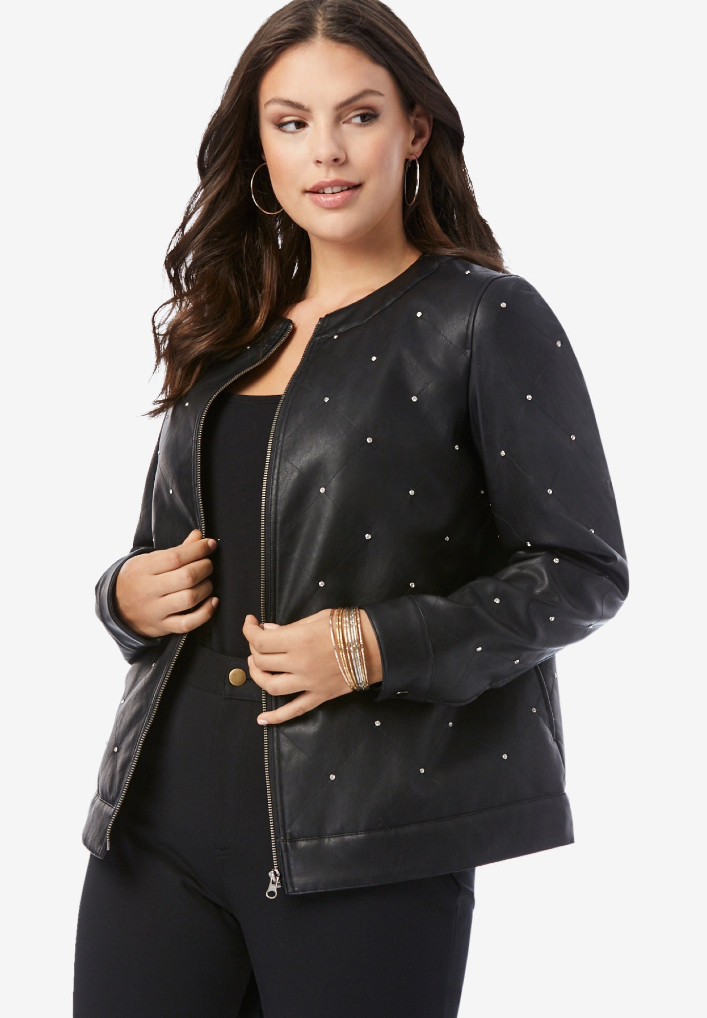 Plus Size Studded Faux Leather Bomber image number 0