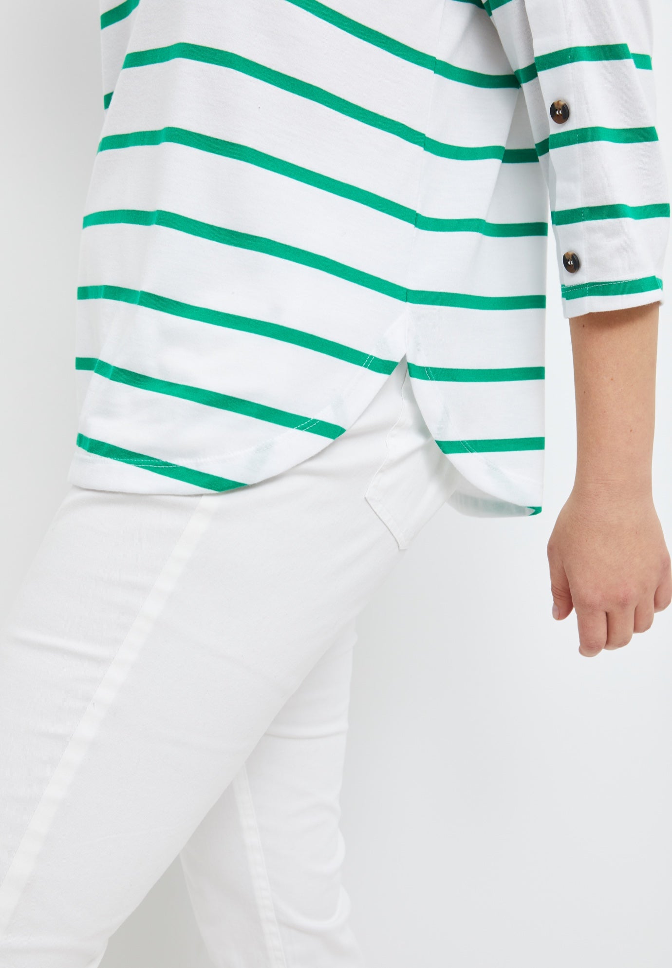 Cotton Spandex Boat Neck 3/4 Sleeve Button Trim Tee image number 2