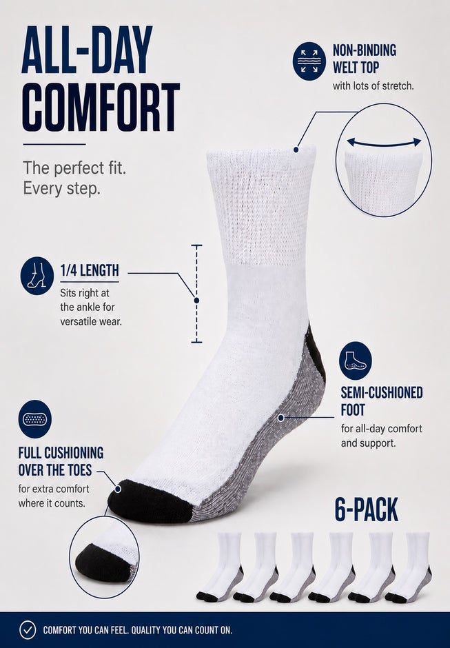 1/4" Length Cushioned Crew 6 Pack Socks image number 2