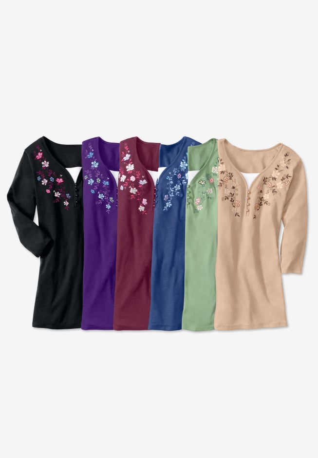7-Day Layered-Look Embroidered Henley Tunic image number 1