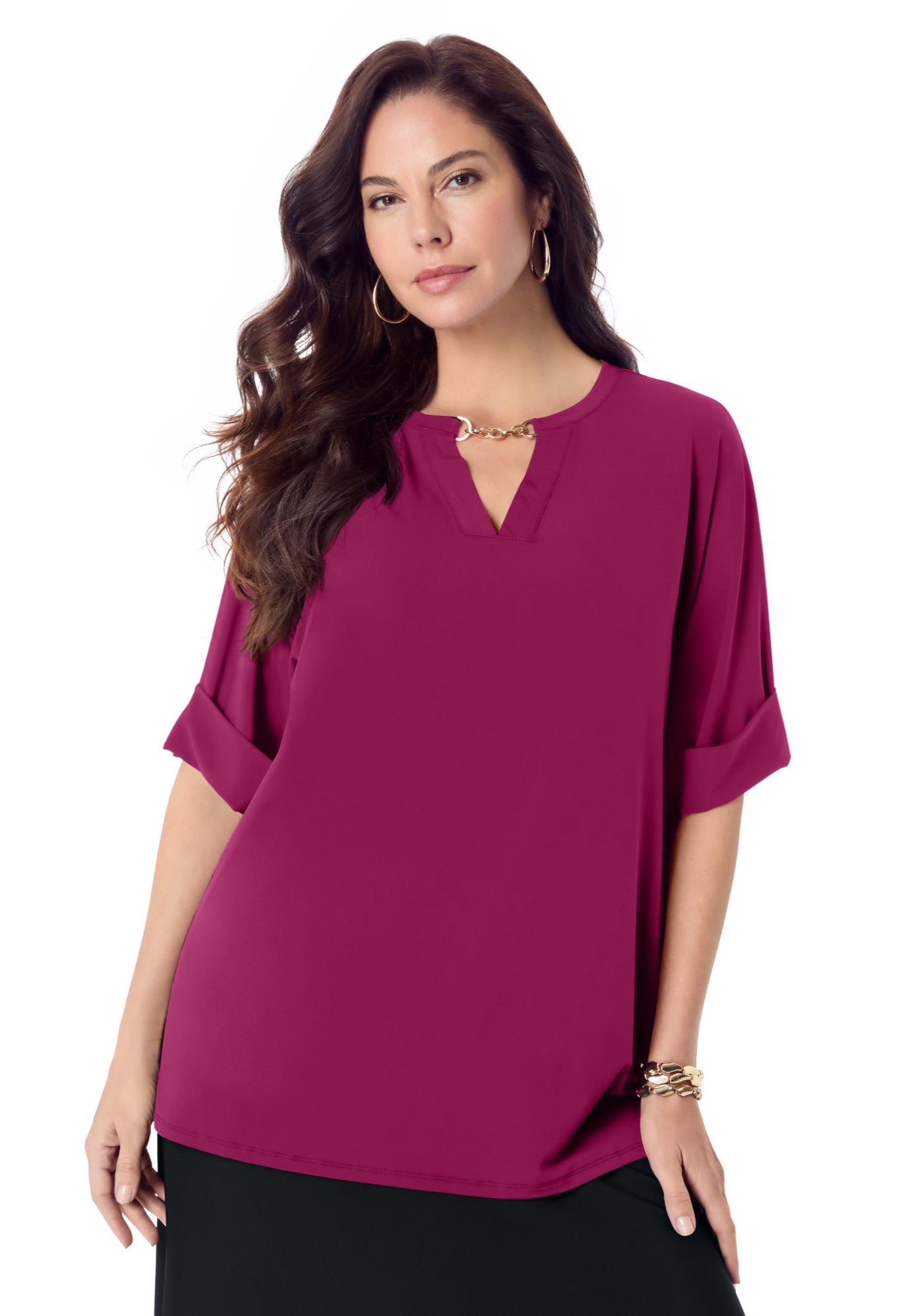 Ultrasmooth® Fabric V Neck Tee with Chain Detail image number 0