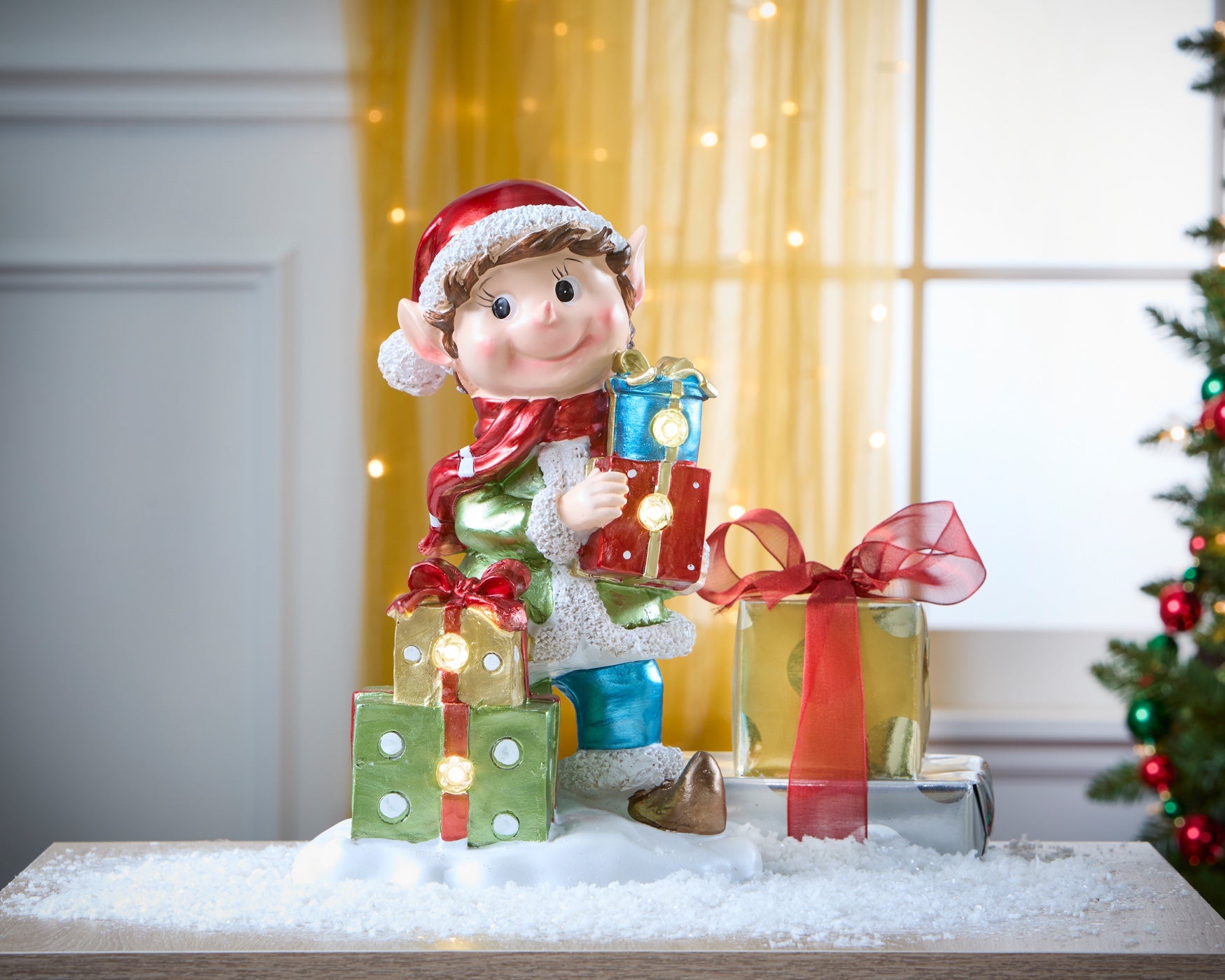 14"H Pre-Lit Elf with Gift Boxes image number 0