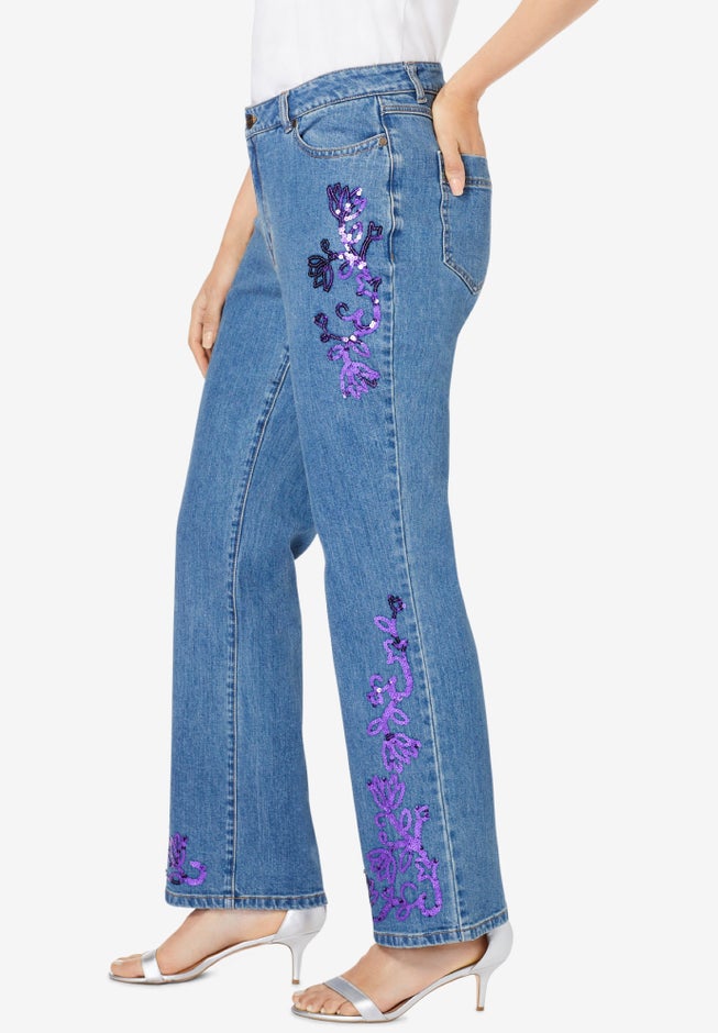 Plus Size Invisible Stretch&reg; Iconic Sequin-Embellished Bootcut Jean image number 3