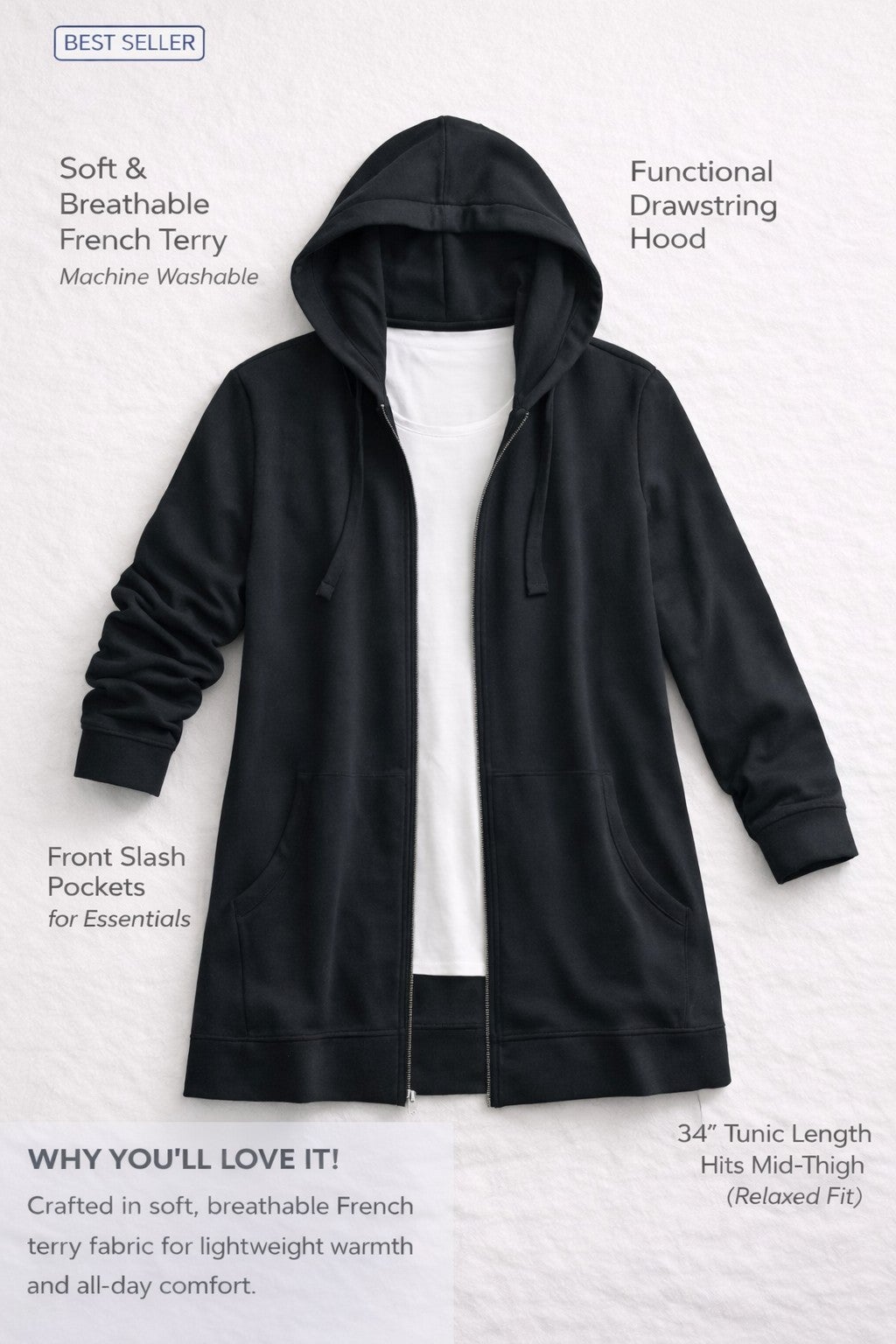 Ellos Studio French Terry Long Sleeve Zip-Front Tunic Hoodie image number 1