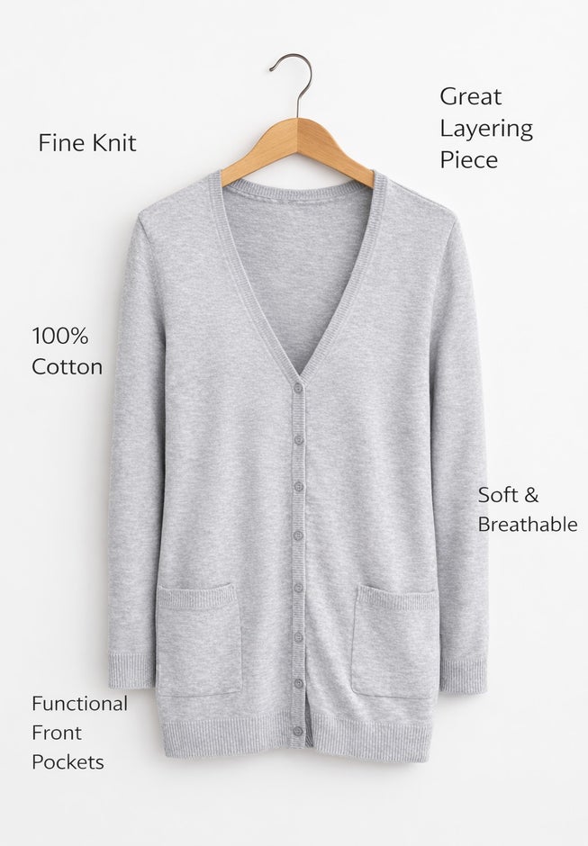 V-Neck Button-Front 100% Cotton Boyfriend Cardigan image number 1