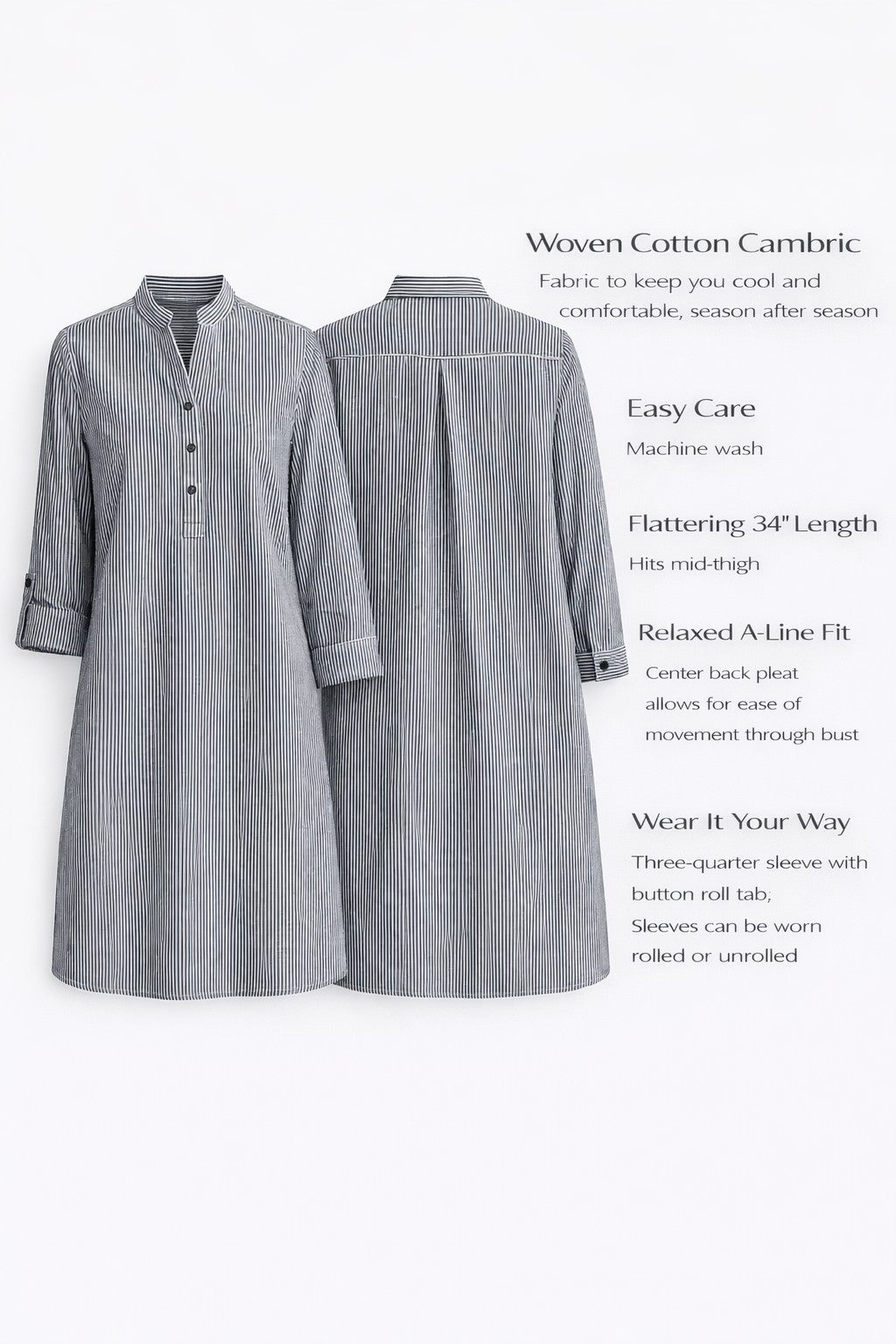 Three-Quarter Sleeve Roll Tab Relaxed Fit 100% Cotton Henley Tunic image number 4