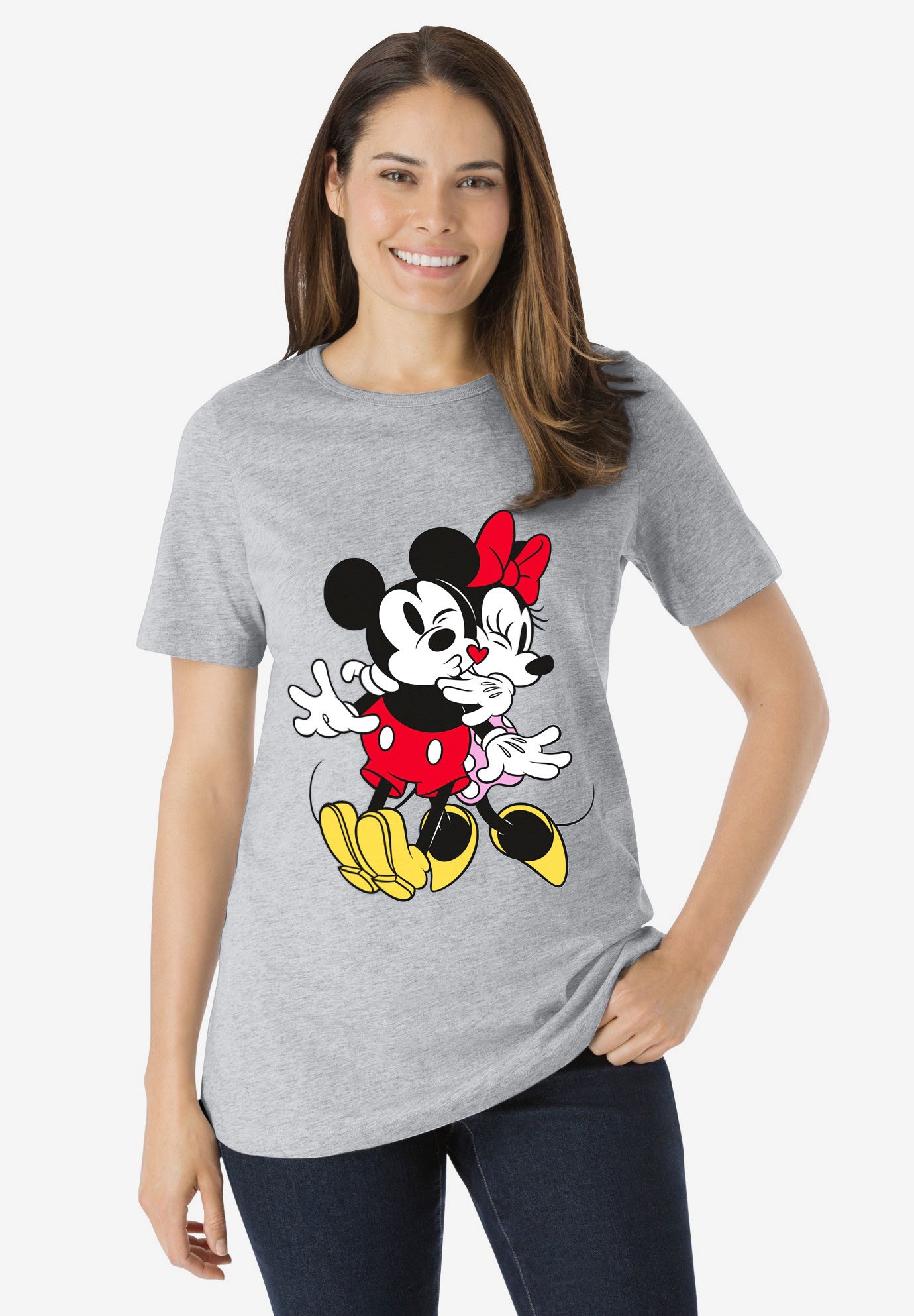 Disney Women's Short Sleeve Crew Tee Heather Gray Mickey Mouse and Minnie Mouse Hug image number 0