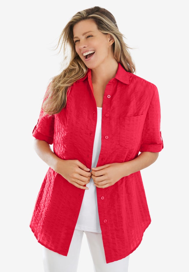 Short-Sleeve Button-Down Cotton Seersucker Shirt image number 4