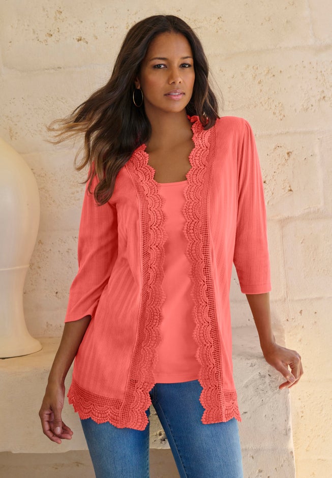 Crochet Trim Pointelle Cardigan image number 4